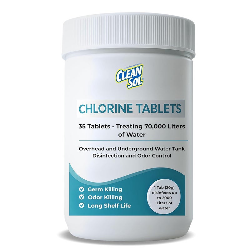 Cleansol أقراص الكلور لتعقيم خزانات المياه – 20 جرام لكل قرص (عبوة من 35) | قرص واحد يعالج 2000 لتر | يقضي على الجراثيم وي控制 الروائح | مثالي للخزانات العلوية والسفلية - Image 1