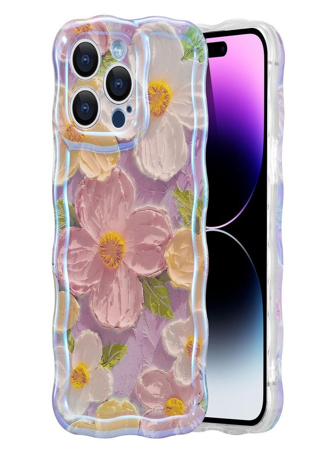 EYZUTAK جراب EYZUTAK لهاتف iPhone 14 Pro Max، بتصميم زهور مستوحى من لوحات زيتية عتيقة ملونة، ونمط لامع بنمط أشعة الليزر، وحواف مموجة لطيفة، وغطاء هاتف أنيق ومتين من مادة TPU، مناسب للفتيات والسيدات - وردي - Image 1