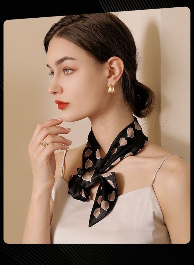 آي إس آي وشاح نسائي صيفي صغير مربع للحماية من الشمس، وشاح حريري مزخرف بطبعة أذن الحب بحافة ملفوفة، أسود - Image 2