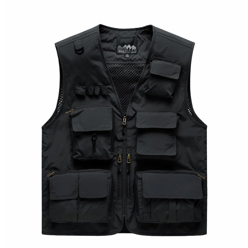 Thin Zipper 1 Color Non-Hooded Collarless Loose Casual Three-Dimensional Patch Vest - Image 1