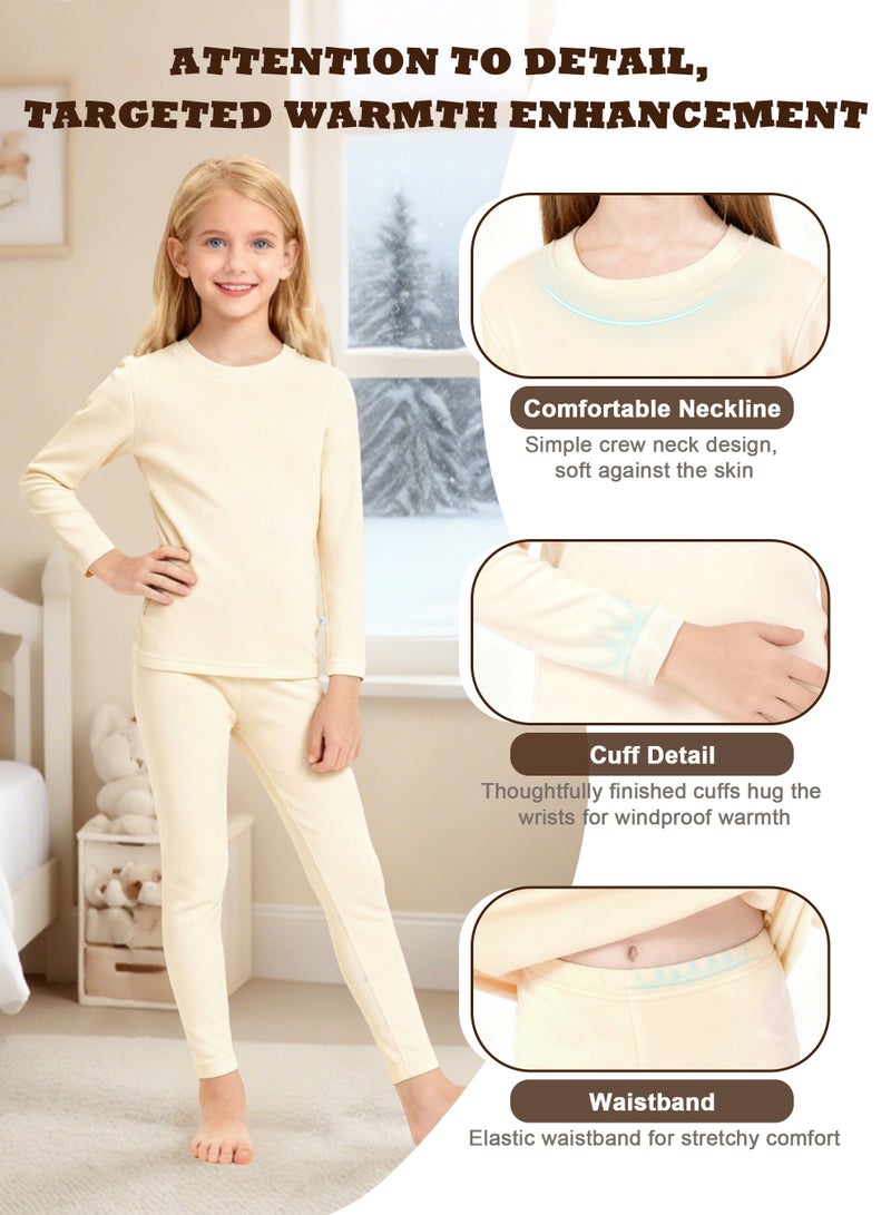 نكومي مجموعة ملابس داخلية شتوية للأطفال خفيفة الوزن وناعمة للغاية ببطانة من الصوف الناعم نمط مناسب للجنسين مناسبة للأولاد والبنات مجموعة قميص طويل الأكمام وسروال مثالية للتزلج وكرة القدم والرياضة والطقس البارد (بيج) - Image 4