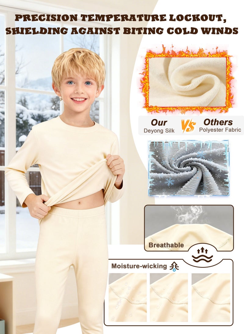 نكومي مجموعة ملابس داخلية شتوية للأطفال خفيفة الوزن وناعمة للغاية ببطانة من الصوف الناعم نمط مناسب للجنسين مناسبة للأولاد والبنات مجموعة قميص طويل الأكمام وسروال مثالية للتزلج وكرة القدم والرياضة والطقس البارد (بيج) - Image 3