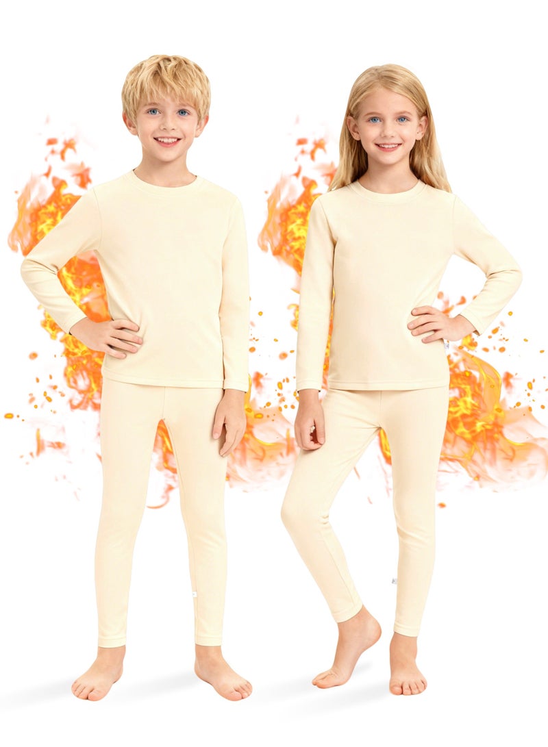 نكومي مجموعة ملابس داخلية شتوية للأطفال خفيفة الوزن وناعمة للغاية ببطانة من الصوف الناعم نمط مناسب للجنسين مناسبة للأولاد والبنات مجموعة قميص طويل الأكمام وسروال مثالية للتزلج وكرة القدم والرياضة والطقس البارد (بيج) - Image 1