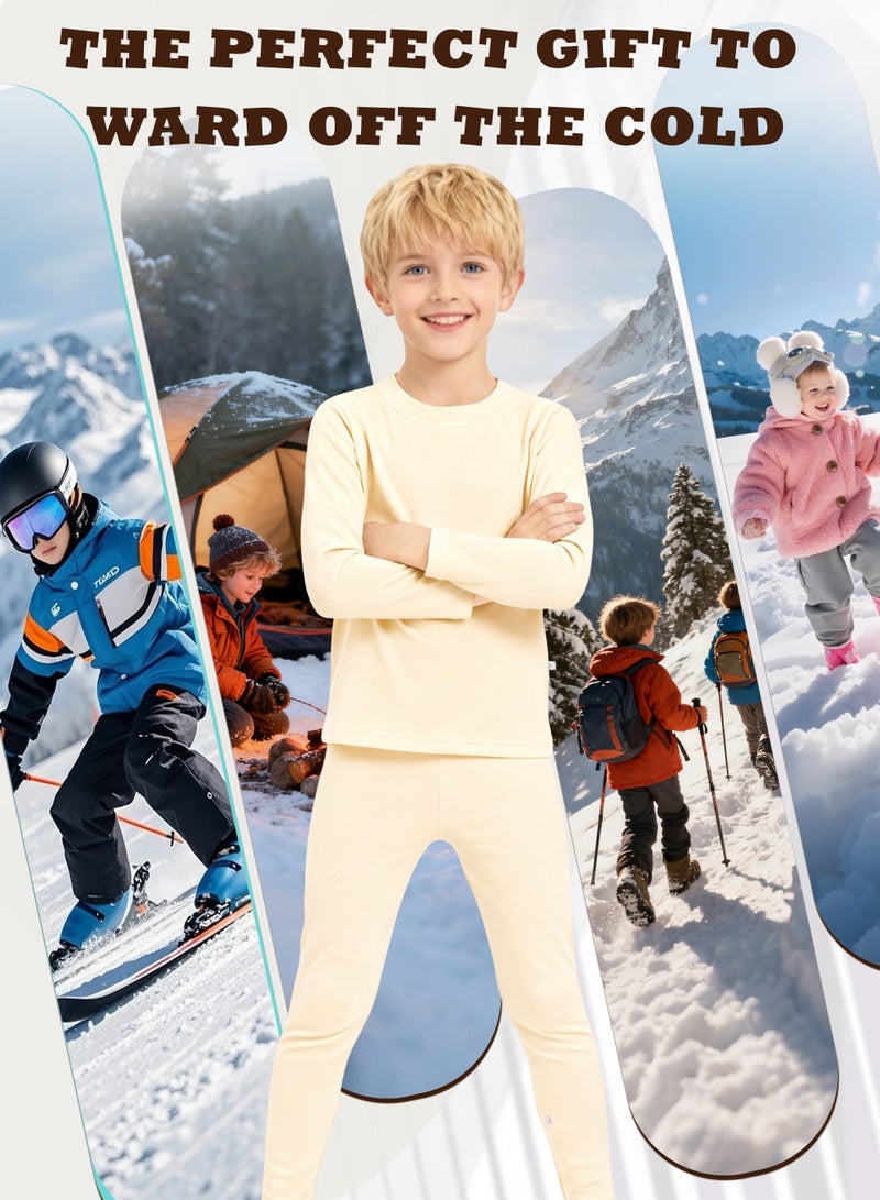 نكومي مجموعة ملابس داخلية شتوية للأطفال خفيفة الوزن وناعمة للغاية ببطانة من الصوف الناعم نمط مناسب للجنسين مناسبة للأولاد والبنات مجموعة قميص طويل الأكمام وسروال مثالية للتزلج وكرة القدم والرياضة والطقس البارد (بيج) - Image 5