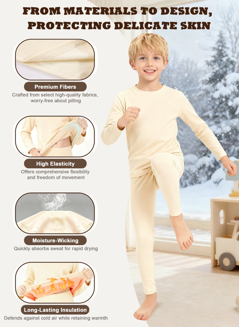 نكومي مجموعة ملابس داخلية شتوية للأطفال خفيفة الوزن وناعمة للغاية ببطانة من الصوف الناعم نمط مناسب للجنسين مناسبة للأولاد والبنات مجموعة قميص طويل الأكمام وسروال مثالية للتزلج وكرة القدم والرياضة والطقس البارد (بيج) - Image 2
