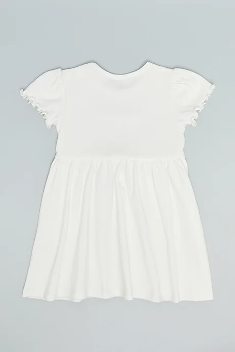 R&b Embroidery Detail Flared Dress with Crew Neck and Puff Sleeves