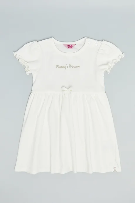 R&b Embroidery Detail Flared Dress with Crew Neck and Puff Sleeves