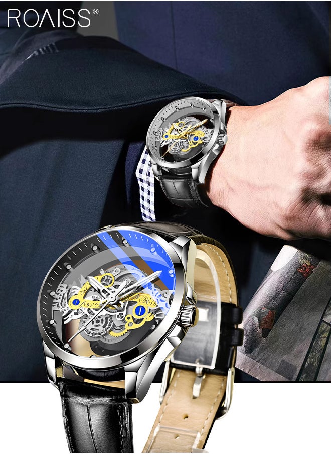 roaiss Men's Leather Strap Quartz Watch Analog Display Round Transparent Hollow Dial Imitating Mechanical Watch Design Waterproof Luminous Wristwatch as Gift for Men  - Image 1