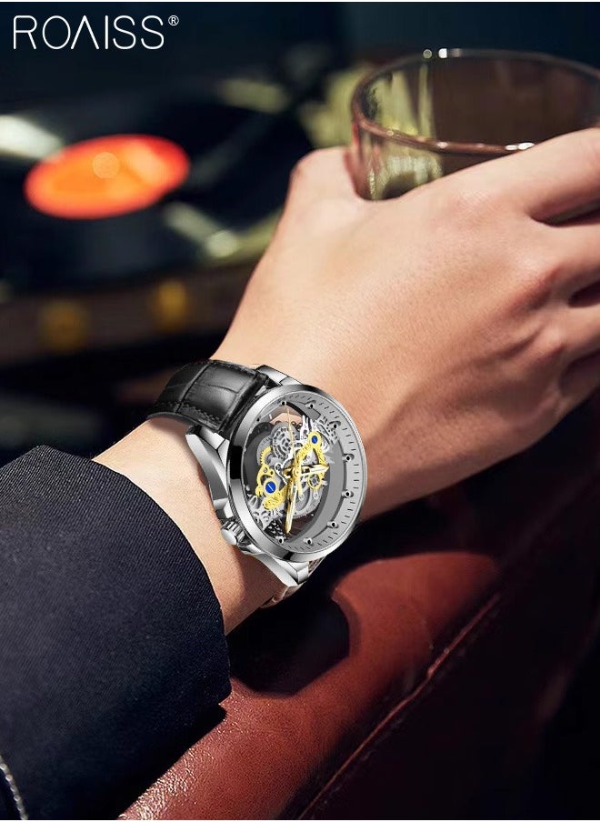 roaiss Men's Leather Strap Quartz Watch Analog Display Round Transparent Hollow Dial Imitating Mechanical Watch Design Waterproof Luminous Wristwatch as Gift for Men  - Image 2