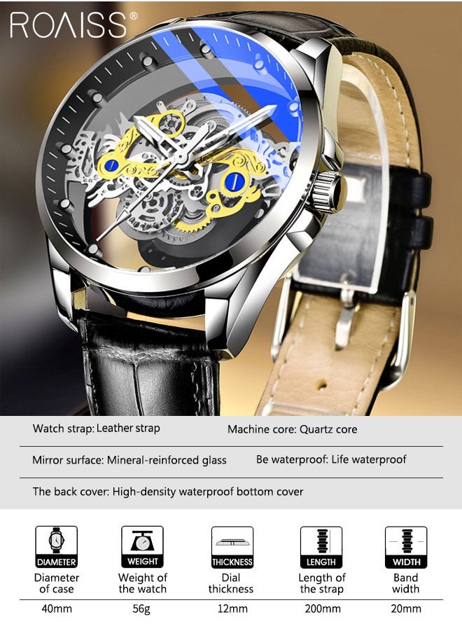 roaiss Men's Leather Strap Quartz Watch Analog Display Round Transparent Hollow Dial Imitating Mechanical Watch Design Waterproof Luminous Wristwatch as Gift for Men  - Image 3
