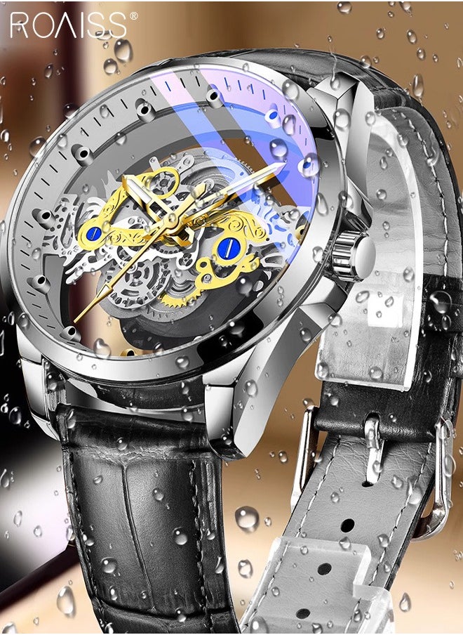 roaiss Men's Leather Strap Quartz Watch Analog Display Round Transparent Hollow Dial Imitating Mechanical Watch Design Waterproof Luminous Wristwatch as Gift for Men  - Image 5