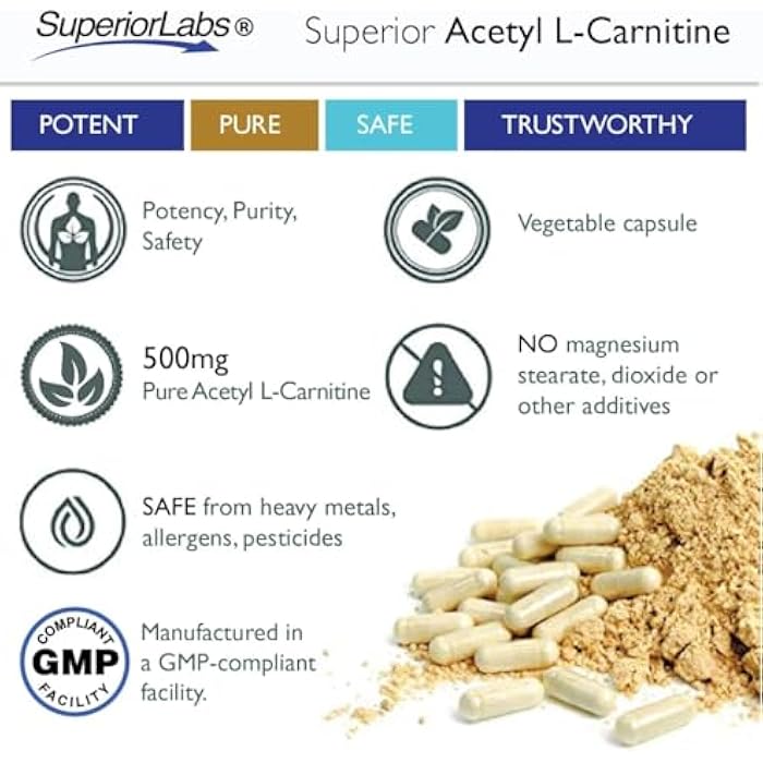 Superior Labs Acetyl L-Carnitine 500 mg, High Potency ALCAR, Pure Non-GMO, Zero Synthetic Additives, Maximum Absorption, Energy & Fat Metabolism, Brain, Nerve & Cellular Detox Support, (200 Veg Caps) - Image 5