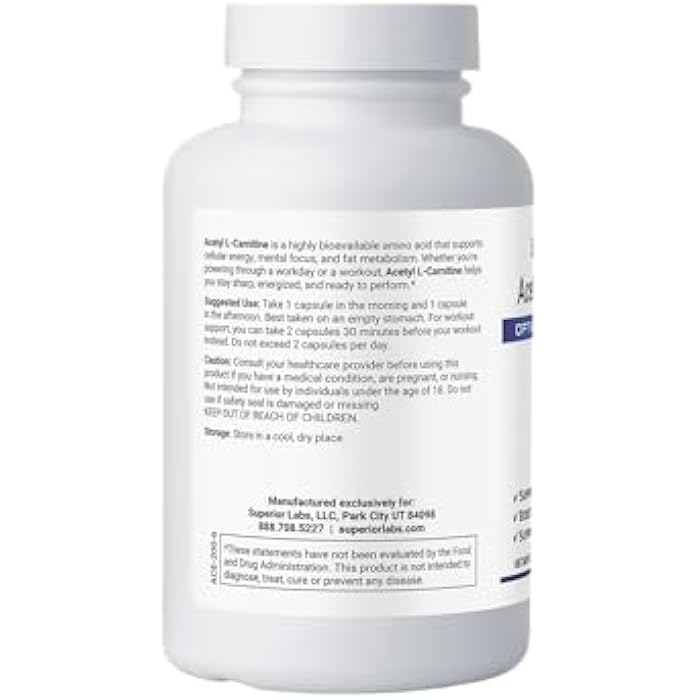 Superior Labs Acetyl L-Carnitine 500 mg, High Potency ALCAR, Pure Non-GMO, Zero Synthetic Additives, Maximum Absorption, Energy & Fat Metabolism, Brain, Nerve & Cellular Detox Support, (200 Veg Caps) - Image 4