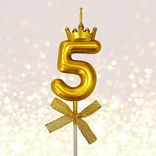 FI - FLICK IN 1 Pc 5 Number Candle for Birthday Cake Metallic Gold Number 5th Birthday Cake Decoration Five Candle with Crown on Top Cake Topper 0-9 Number Candles for Anniversary (Pack of 1, Gold) - Image 1