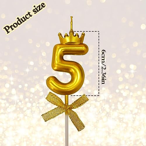 FI - FLICK IN 1 Pc 5 Number Candle for Birthday Cake Metallic Gold Number 5th Birthday Cake Decoration Five Candle with Crown on Top Cake Topper 0-9 Number Candles for Anniversary (Pack of 1, Gold) - Image 2