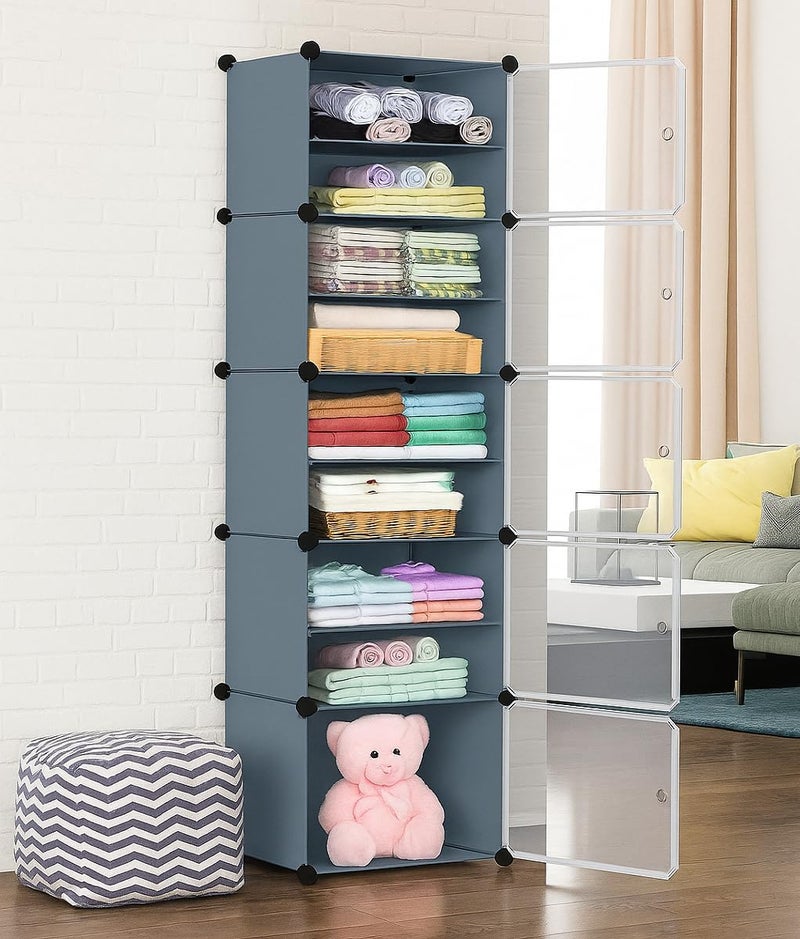 HEMOVIA Collapsible Wardrobe for Clothes - DIY 6 Door Plastic Almirah for Clothes with Doors | Side Hanger,Folding Waterproof Memory Standing Wardrobe for Storage for Home Clothes (Grey, 5-Door) - Image 1