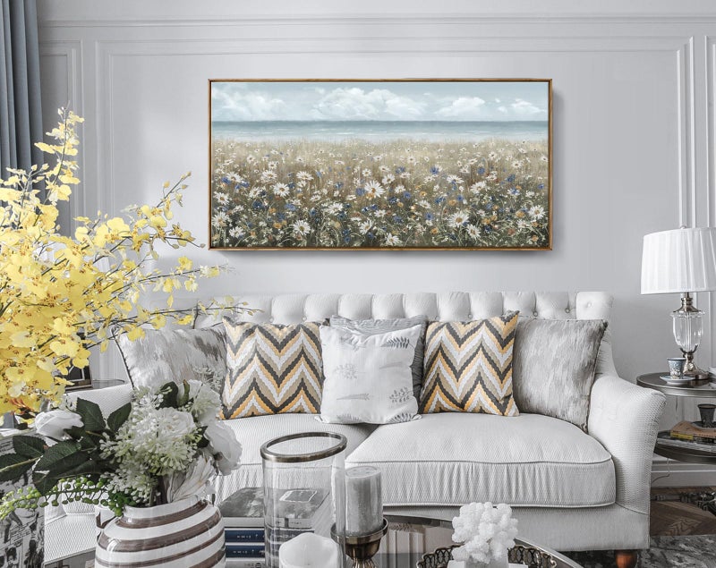 amatop Large Wall Art for Living Room Framed Boho Beach Coastal Floral Ocean Wall Picture Farmhouse Daisy Flower Sea Canvas Print Nautical Neutral Vintage Warm Artwork Home Bedroom Office Decor 48x24 - Image 2