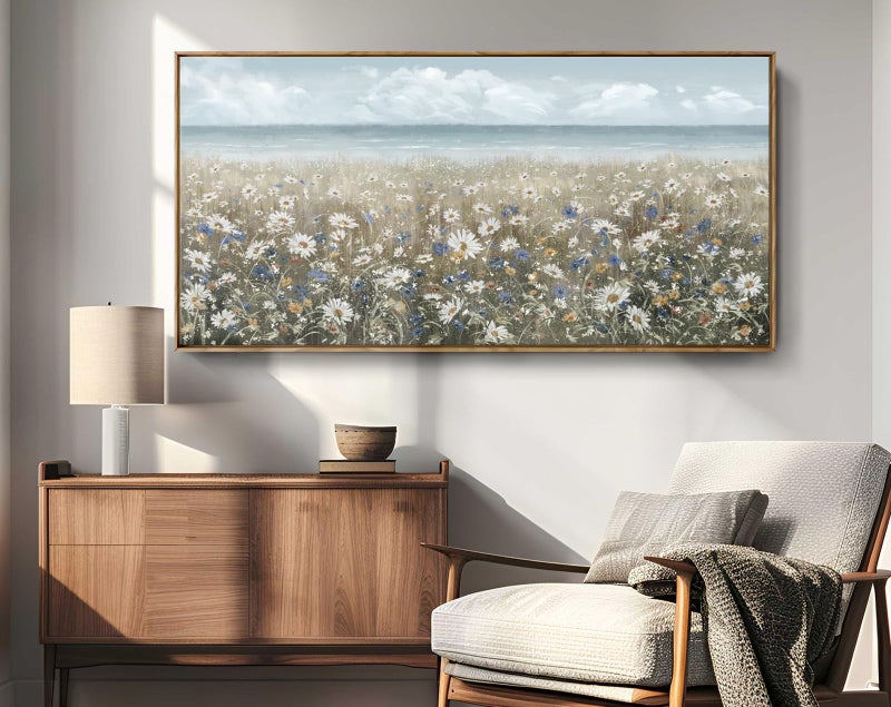 amatop Large Wall Art for Living Room Framed Boho Beach Coastal Floral Ocean Wall Picture Farmhouse Daisy Flower Sea Canvas Print Nautical Neutral Vintage Warm Artwork Home Bedroom Office Decor 48x24 - Image 5