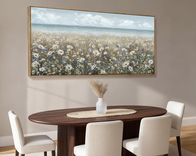 amatop Large Wall Art for Living Room Framed Boho Beach Coastal Floral Ocean Wall Picture Farmhouse Daisy Flower Sea Canvas Print Nautical Neutral Vintage Warm Artwork Home Bedroom Office Decor 48x24 - Image 4