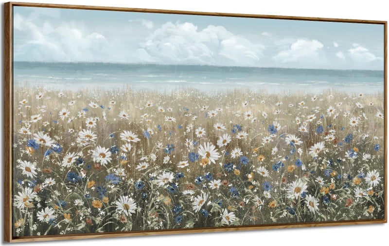 amatop Large Wall Art for Living Room Framed Boho Beach Coastal Floral Ocean Wall Picture Farmhouse Daisy Flower Sea Canvas Print Nautical Neutral Vintage Warm Artwork Home Bedroom Office Decor 48x24 - Image 1