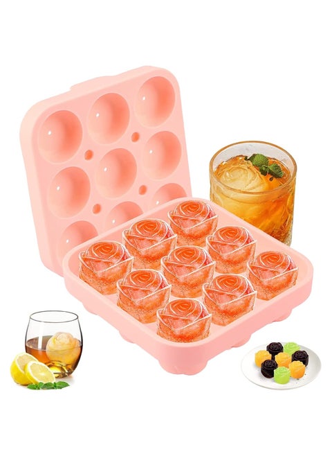 Silicone Ice Cube Tray, Rose, 9 Compartments Ice Cube Tray, 3D Roses Ice Cube Tray with Lid, Reusable Ice Cube Trays, BPA-Free for Ice, Whiskey, Cocktail, Juice, Coffee Ice Ball Mould (Pink)