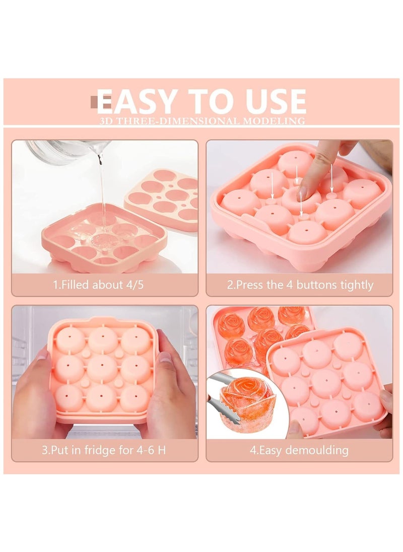 Generic - Silicone Ice Cube Tray, Rose, 9 Compartments Ice Cube Tray, 3D Roses Ice Cube Tray with Lid, Reusable Ice Cube Trays, BPA-Free for Ice, Whiskey, Cocktail, Juice, Coffee Ice Ball Mould (Pink) - Image 1