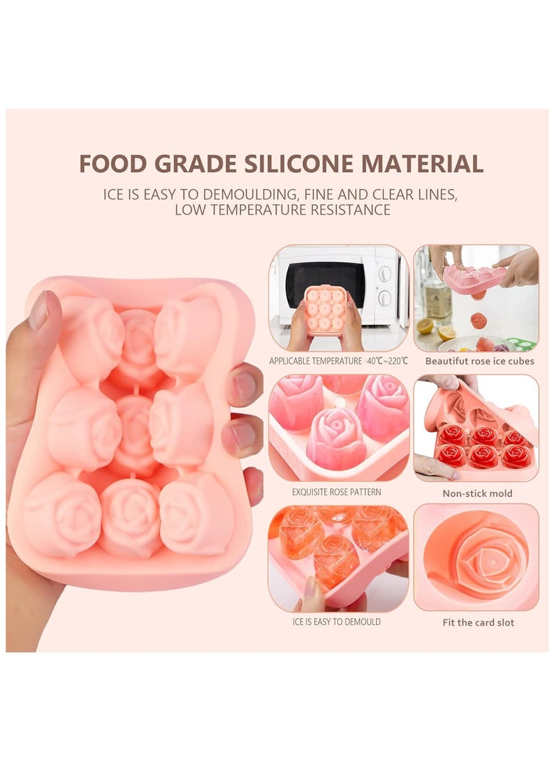 Generic - Silicone Ice Cube Tray, Rose, 9 Compartments Ice Cube Tray, 3D Roses Ice Cube Tray with Lid, Reusable Ice Cube Trays, BPA-Free for Ice, Whiskey, Cocktail, Juice, Coffee Ice Ball Mould (Pink) - Image 1