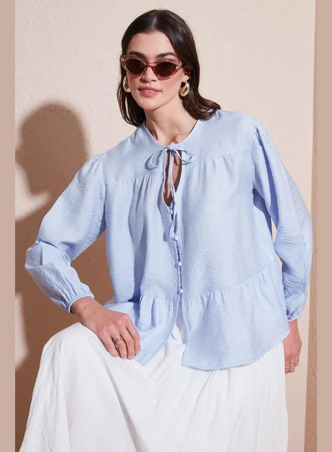 Lela Lela Oversize Fit Balloon Sleeve Shirt with Tie Collar Detail Women's SHIRT 6772618