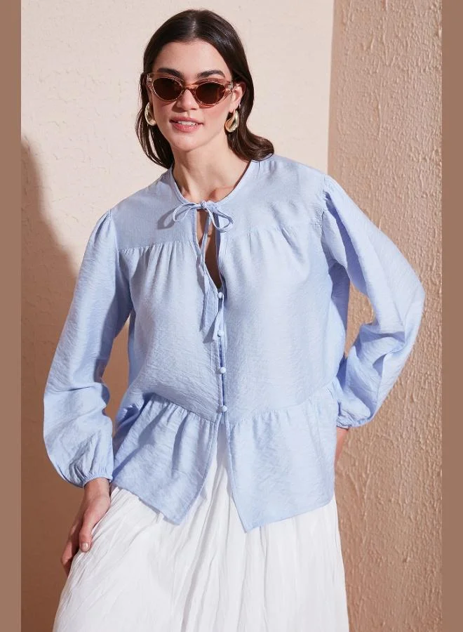 Lela Lela Oversize Fit Balloon Sleeve Shirt with Tie Collar Detail Women's SHIRT 6772618