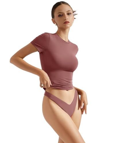 SUUKSESS Women Double Lined Fitted Basic Tee Shirts Crew Neck Short Sleeve Y2K Going Out Crop Tops (Marsala, M) - Image 4