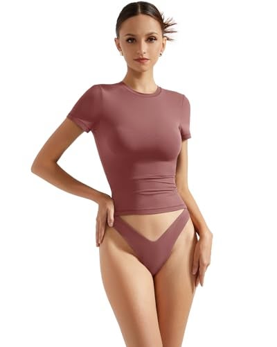 SUUKSESS Women Double Lined Fitted Basic Tee Shirts Crew Neck Short Sleeve Y2K Going Out Crop Tops (Marsala, M) - Image 2