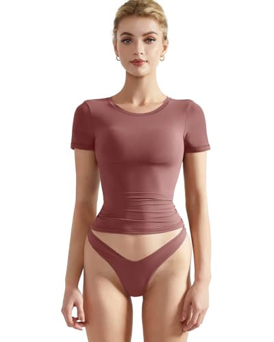 SUUKSESS Women Double Lined Fitted Basic Tee Shirts Crew Neck Short Sleeve Y2K Going Out Crop Tops (Marsala, M) - Image 1