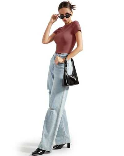 SUUKSESS Women Double Lined Fitted Basic Tee Shirts Crew Neck Short Sleeve Y2K Going Out Crop Tops (Marsala, M) - Image 5