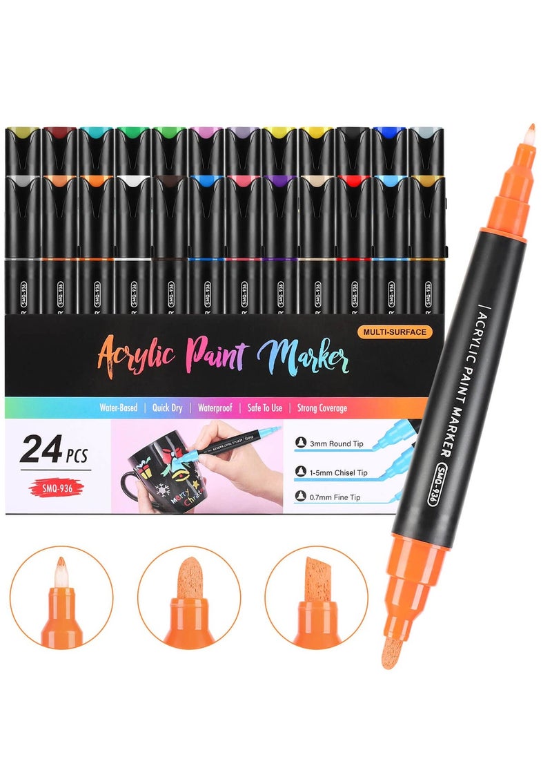 Generic 24 Colors Dual Tip Acrylic Paint Pens Markers, Premium Acrylic Paint Pens for Rock Painting, Wood, Ceramic, Fabric, Canvas, Metal, Glass, Mugs, Scrapbooking Supplies, DIY Crafts Making Art Supplies  - Image 1