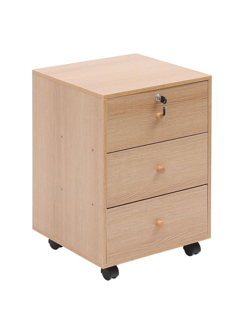 Generic Small Mobile File Cabinet with Lockable Drawer – Under Desk Storage Unit on Wheels for Home Office or Bedroom – Natural Wood Finish - Image 1