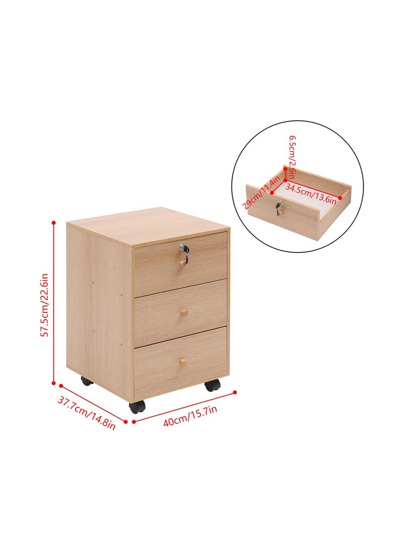 Generic Small Mobile File Cabinet with Lockable Drawer – Under Desk Storage Unit on Wheels for Home Office or Bedroom – Natural Wood Finish - Image 3