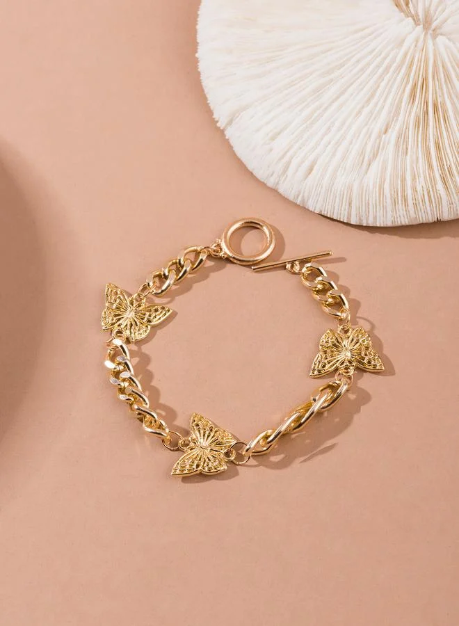 تايك تو Gold Tone Butterfly Charm Link Bracelet