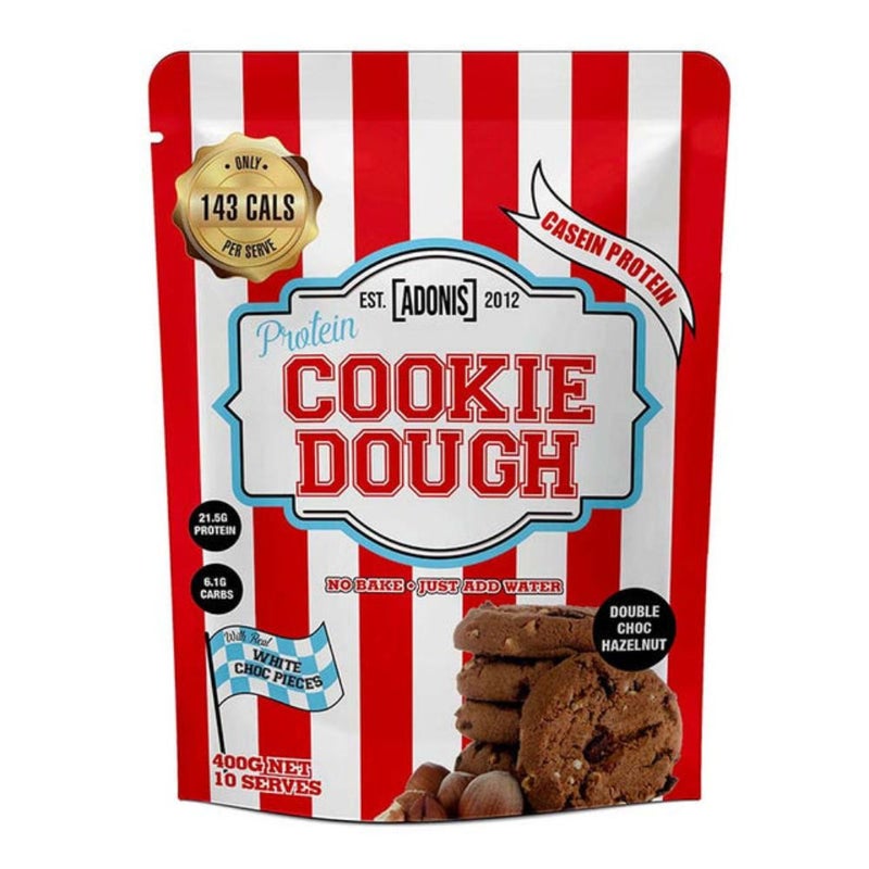 آدونیس عجينة بسكويت البروتين، بسكويت الشوكولاتة والبندق، 400 غرام - بروتين الكازين الممتاز، منخفض الكربوهيدرات، وجبة خفيفة غنية بالبروتين مع قطع الشوكولاتة الحقيقية