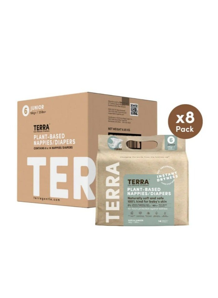 Terra عبوة من 8 حفاضات جونيور مقاس 6 فائقة النعومة وخالية من المواد الكيميائية للبشرة الحساسة امتصاص فائق حراس تسرب ثلاثي الأبعاد 35 رطل وما فوق / 16 كجم وما فوق، 24-48 شهر، 8 × 14 عدد، 112 عدد - Image 1