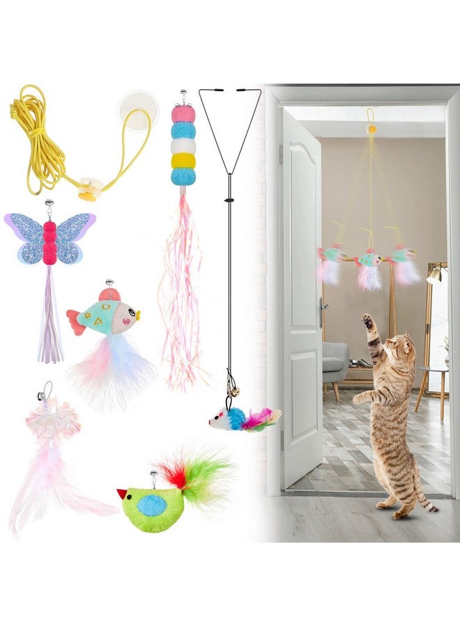 Charniol 8 Pcs Doorway Cat Toys Indoor Feather Door Hanger Interactive Hanging Dragonfly Little Mouse Retractable Teaser Kitten for Play, 6 Styles (Vibrant Style) - Image 1