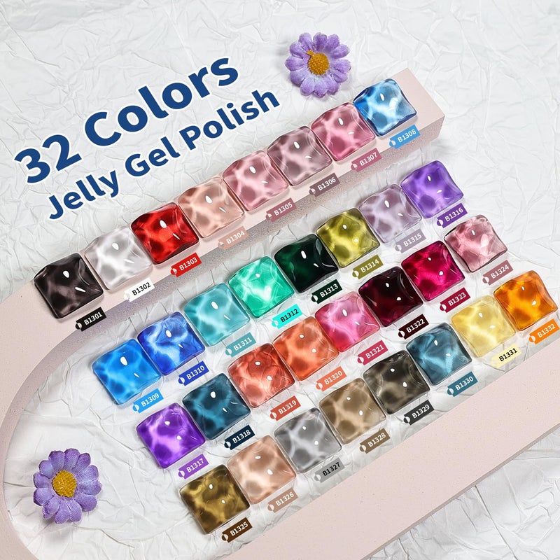 JODSONE 32 Colors Jelly Gel Nail Polish Kit with U V Light Crystal Transparent Classic Color 4 Functional Gel for All Seasons - Image 2