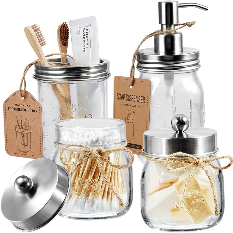 Amolliar Mason Jar Bathroom Accessories Set4 Pcs Lotion Soap Dispenser  2 Qtip Holder  Toothbrush HolderRustic Farmhouse Decor Countertop Vanity Organize Bathroom Home Decor Brushed Nickel