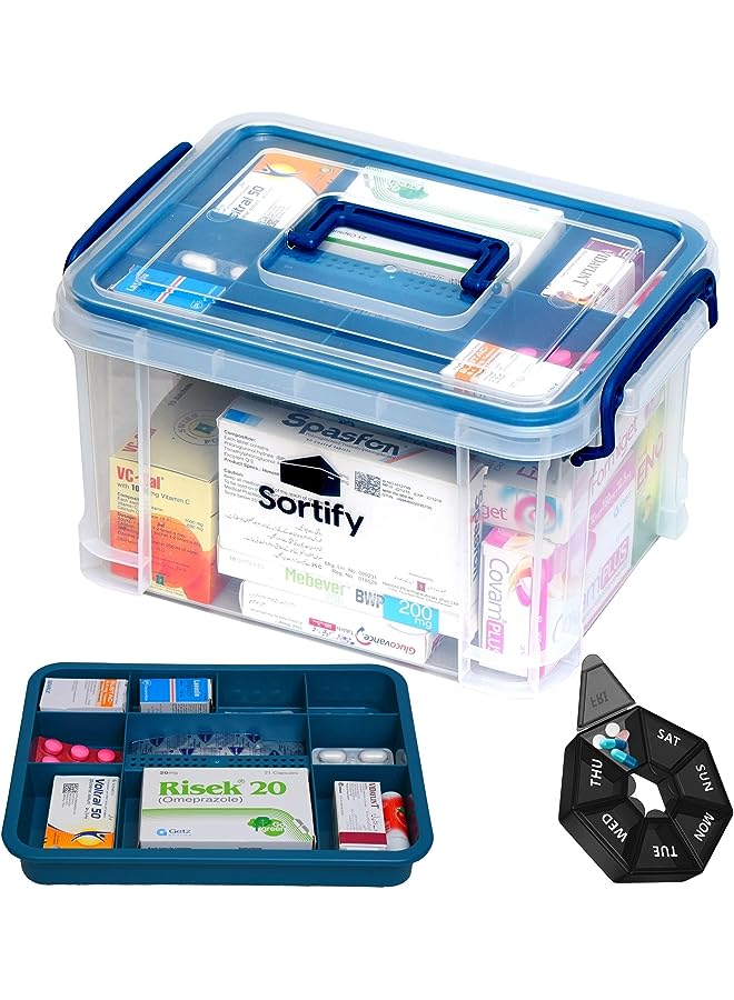 Raxoom Medicine Organizer Box for Storage, Stay Organized with Large Medicine Box 33x24x19 cm, Clear Plastic First Aid Box with 10 Compartment Tray & Child Safety Handles, 7 Day Pill Organizer Inside - Image 1