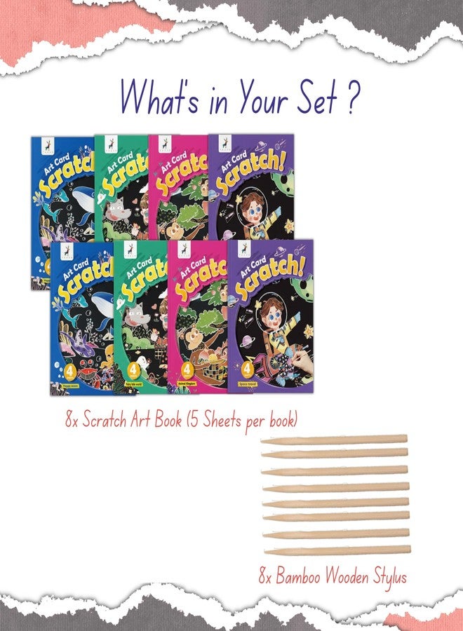 FINEMOE Magic Scratch Art Book with Wooden Stylus, Thoughtful Return Gifts for Girls & Boys Ages 3 & Above, Art & Craft Kit for Kids, Educational Activity Kit (Set of 8) - Image 2