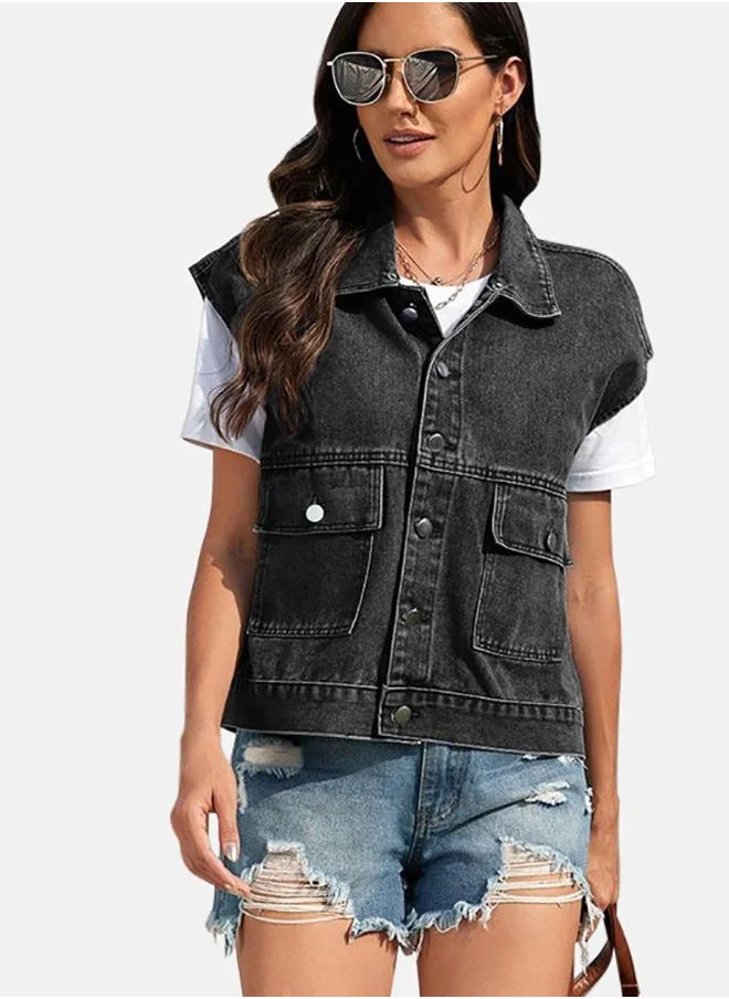 YUNIQEE Black Collared Sleeveless Denim Jacket