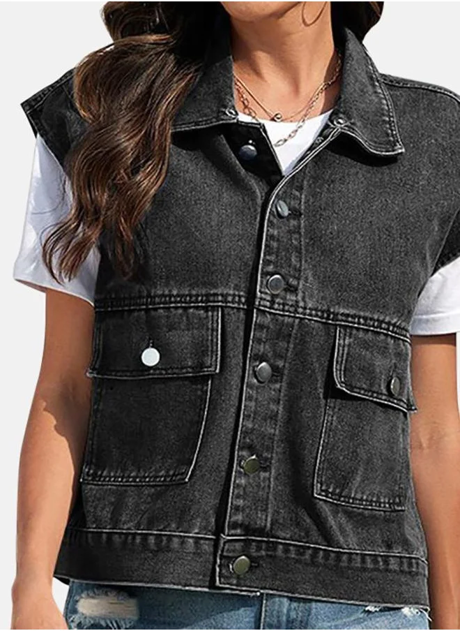 YUNIQEE Black Collared Sleeveless Denim Jacket