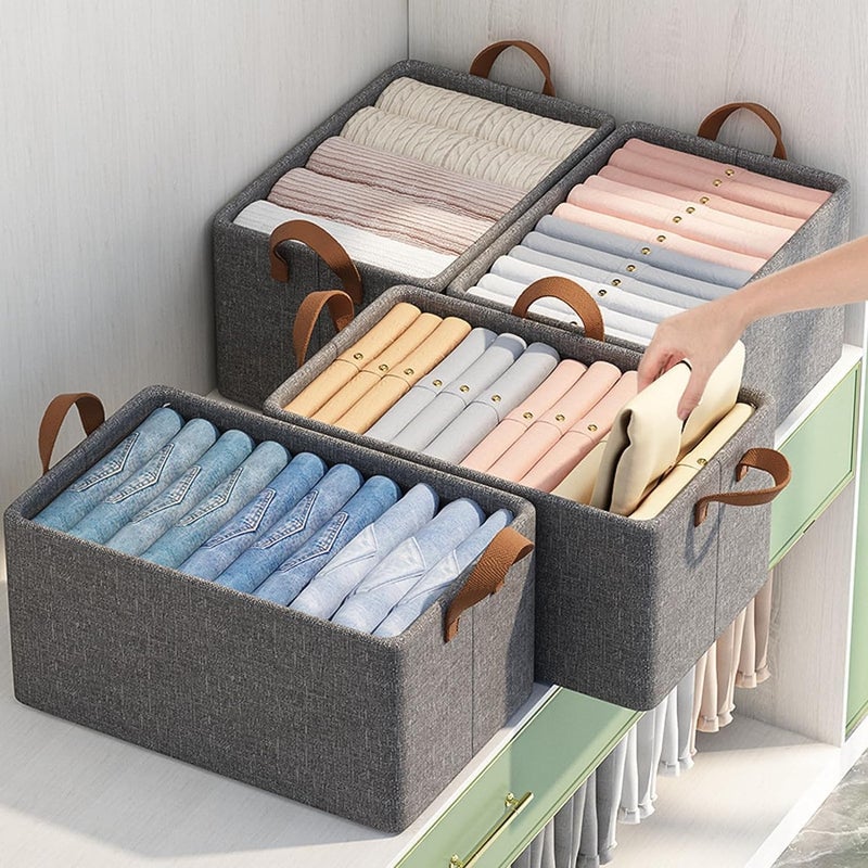 Clothes Storage Box with Dividers – Large Foldable Fabric Organizer Bin for Closet, Wardrobe, Bedroom – Durable Handle – Dustproof – Ideal for Seasonal Clothes, Towels, Bedding (Grey – 3 Pcs) - Image 3