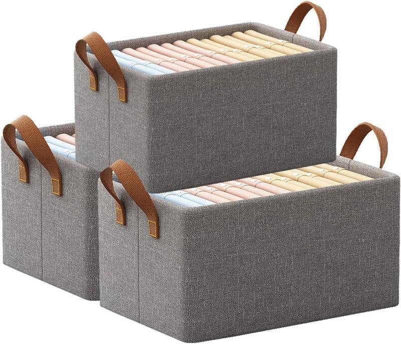 Clothes Storage Box with Dividers – Large Foldable Fabric Organizer Bin for Closet, Wardrobe, Bedroom – Durable Handle – Dustproof – Ideal for Seasonal Clothes, Towels, Bedding (Grey – 3 Pcs) - Image 1