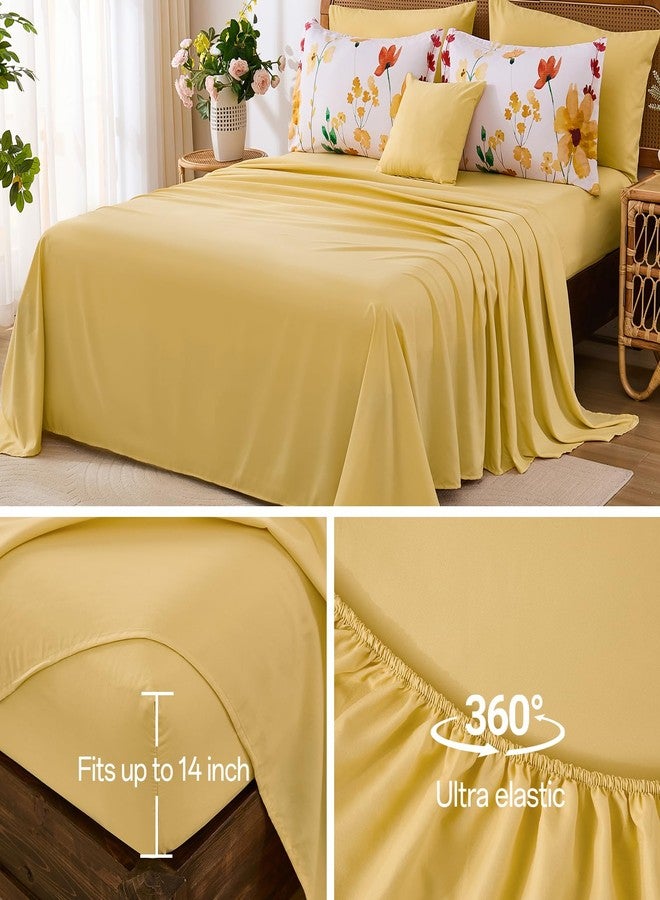 Anibedding طقم لحاف أنيبدينغ الزهري بحجم كوين، 8 قطع زهور نباتية صفراء في حقيبة، لحاف زهور عكسي أنيق ومشرق، طقم سرير ناعم من الألياف الدقيقة لجميع الفصول (90"x90") - Image 5