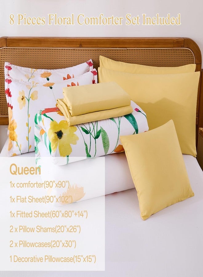 Anibedding طقم لحاف أنيبدينغ الزهري بحجم كوين، 8 قطع زهور نباتية صفراء في حقيبة، لحاف زهور عكسي أنيق ومشرق، طقم سرير ناعم من الألياف الدقيقة لجميع الفصول (90"x90") - Image 4